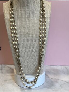 J. CREW Signed 28” Long Faux Pearl Necklace Antiqued Brass Chain Layered Boho